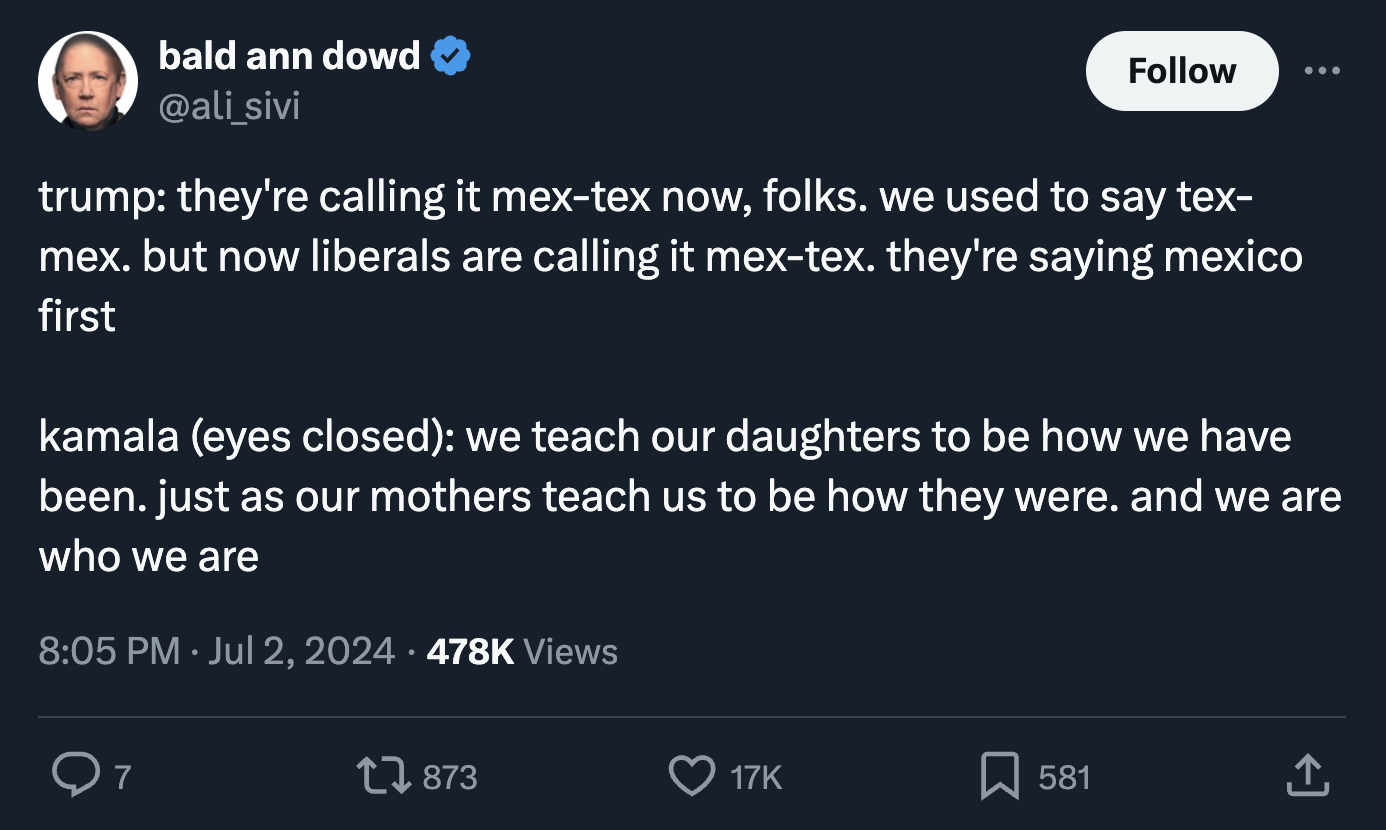 screenshot - bald ann dowd trump they're calling it mextex now, folks. we used to say tex mex. but now liberals are calling it mextex. they're saying mexico first kamala eyes closed we teach our daughters to be how we have been. just as our mothers teach 